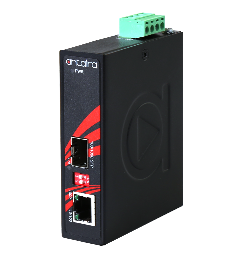 Antaira Compact Industrial Gigabit Ethernet Media Converter with SFP Socket EOT: -40° ~ 80°C