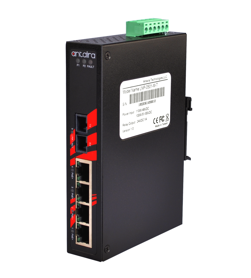 Antaira 5-Port PoE  Unmanaged Ethernet Switch With Fiber Optics, Multi-Mode  EOT: -40° ~ 75°C