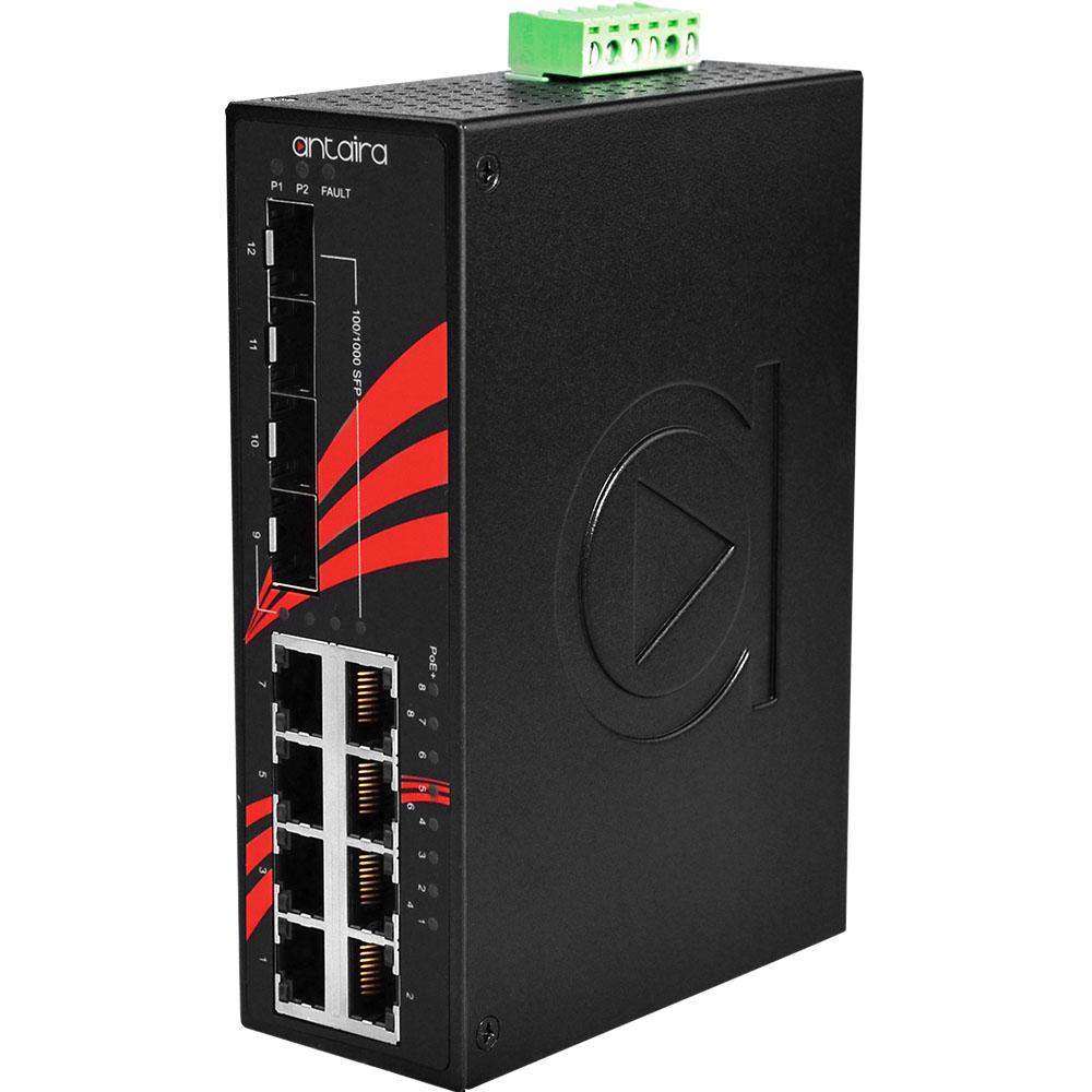 Antaira 12-Port Industrial PoE  Gigabit Unmanaged Ethernet Switch with SFP Slots
