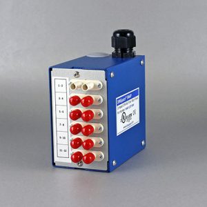 DinSpace SNAP Compact Fiber Optic Patch Panel with 6ea. multimode ST/ST duplex fiber adapters.