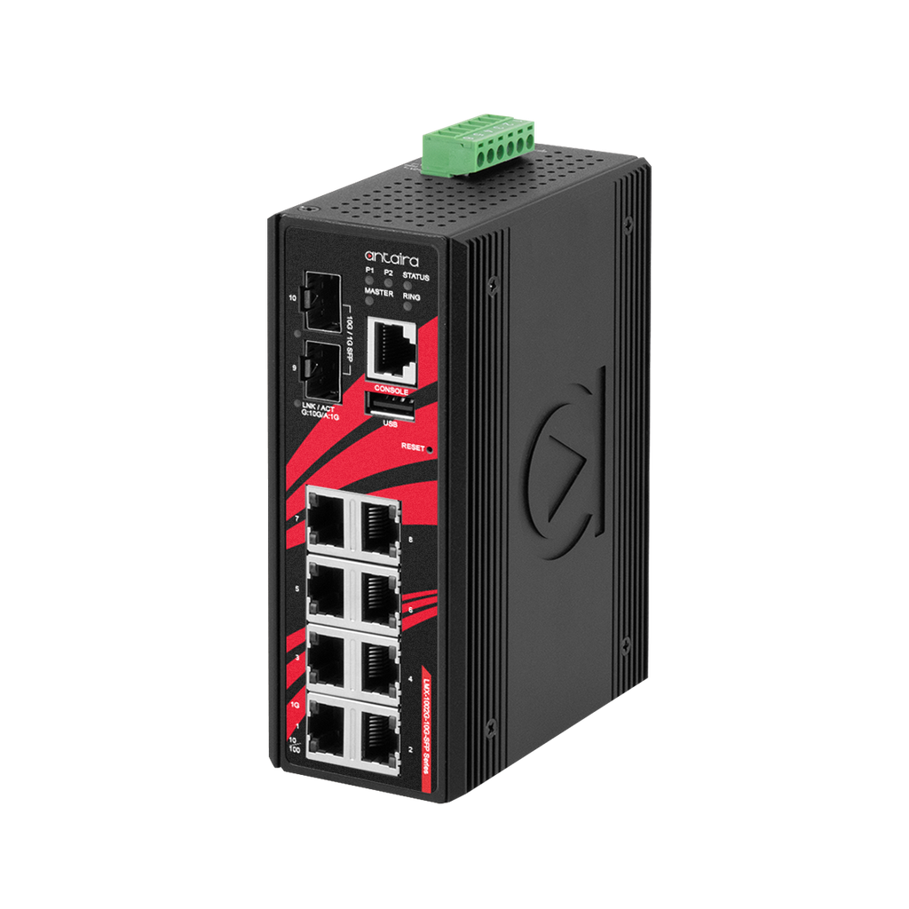 Antaira 10-Port Industrial Light Layer 3 Gigabit Managed Ethernet Switch with SFP+ Slots