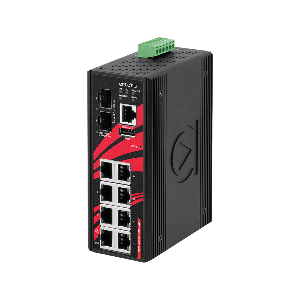 Antaira 10-Port Industrial PoE+ Light Layer 3 Gigabit Managed Ethernet Switch with SFP+ Slots