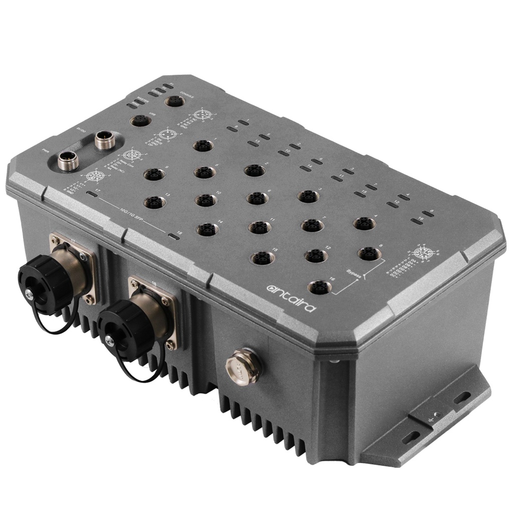 Antaira 18-Port Industrial Gigabit Ethernet Switch
IP67 Waterproof Managed 
Light Layer 3 With M12 Connectors with SFP Slots