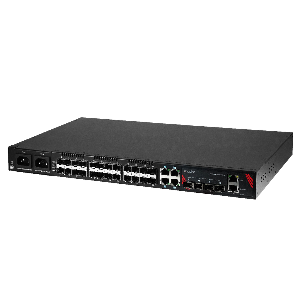 Antaira 32-Port Industrial Gigabit Ethernet Switch
Managed with with SFP and SFP+ Slots
Dual AC Power Supply