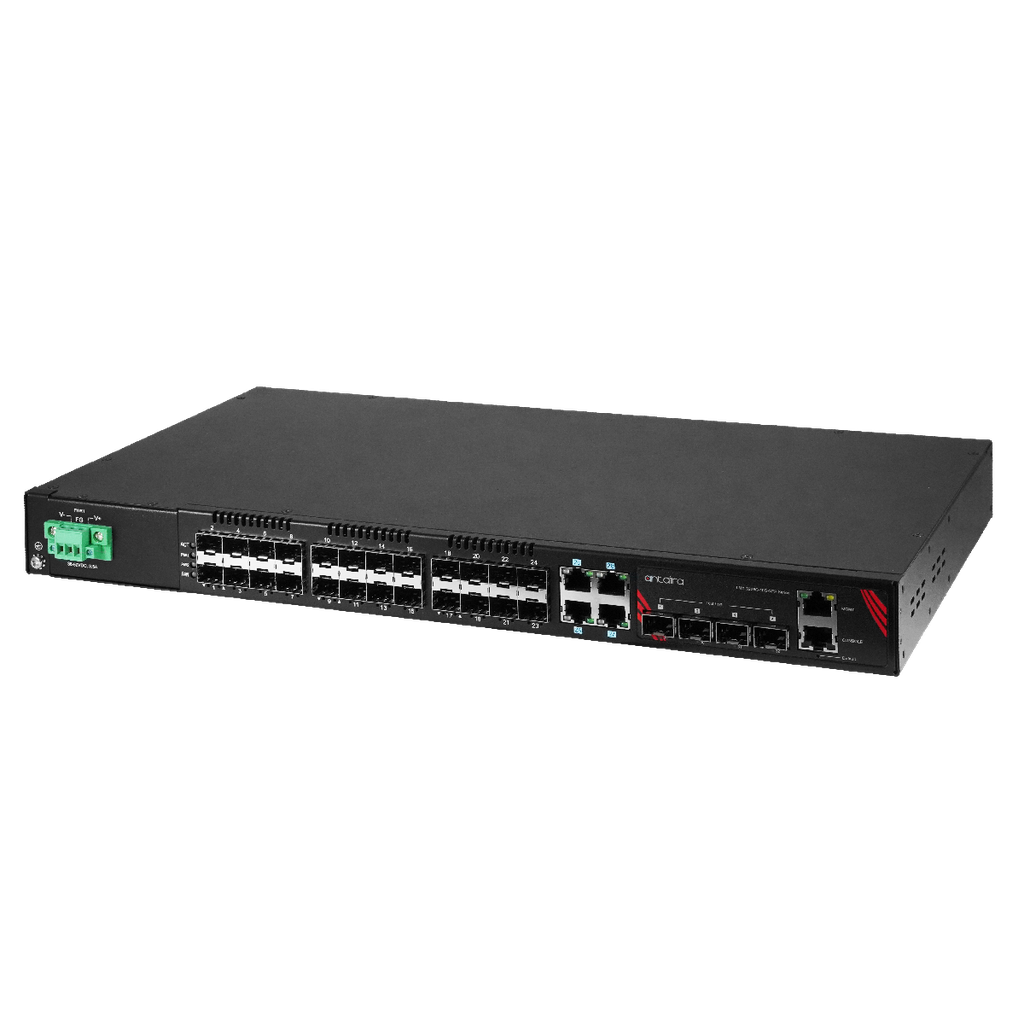 Antaira 32-Port Industrial Gigabit Ethernet Switch Managed 
with SFP and SFP+ Slots
Single DC Power Supply (-48V)