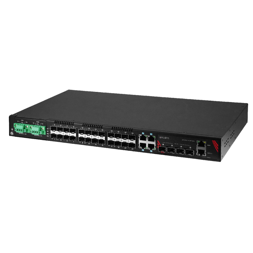 Antaira 32-Port Industrial Gigabit Ethernet Switch Managed with SFP Slots
with SFP+ Slots 
Dual DC Power Supply (-48V)