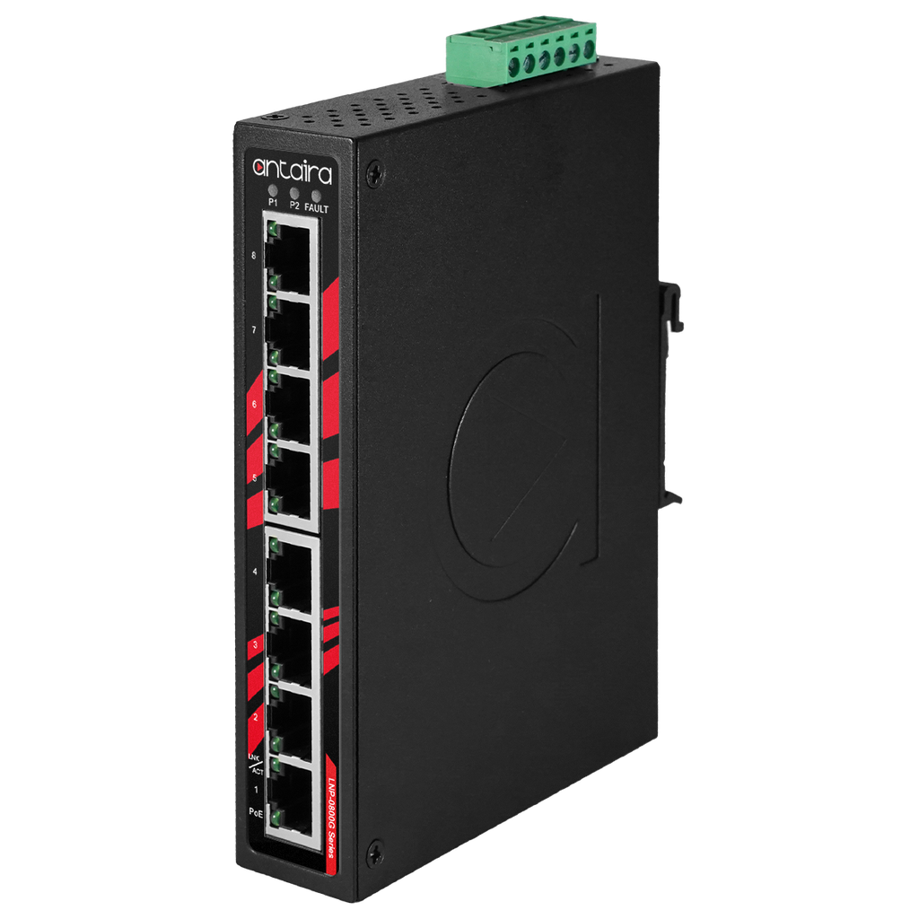 Antaira Industrial PoE+ Gigabit Ethernet Switch Unmanaged 8-Port EOT: -40°C to 75°C