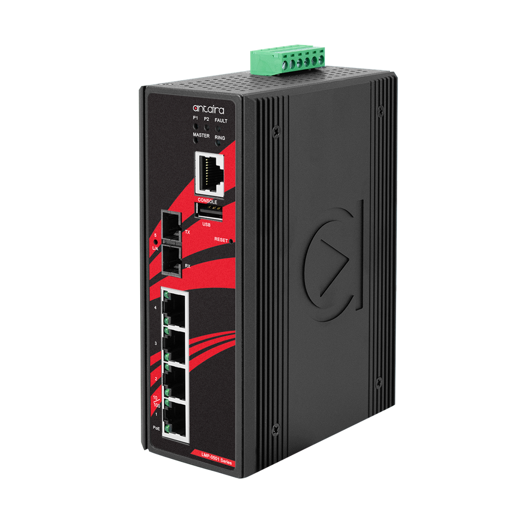 Antaira PoE+ Ethernet Switches
Managed
5-Port
With Fiber Optics, Single mode  ST connectors