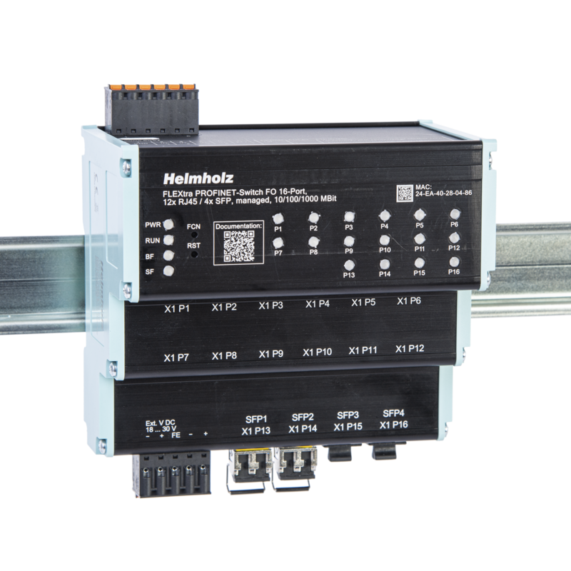 Helmholz FLEXtra PROFINET-Switch FO 16-port 12x RJ45 / 4x SFP managed 10/100/1000 MBit for din-rail