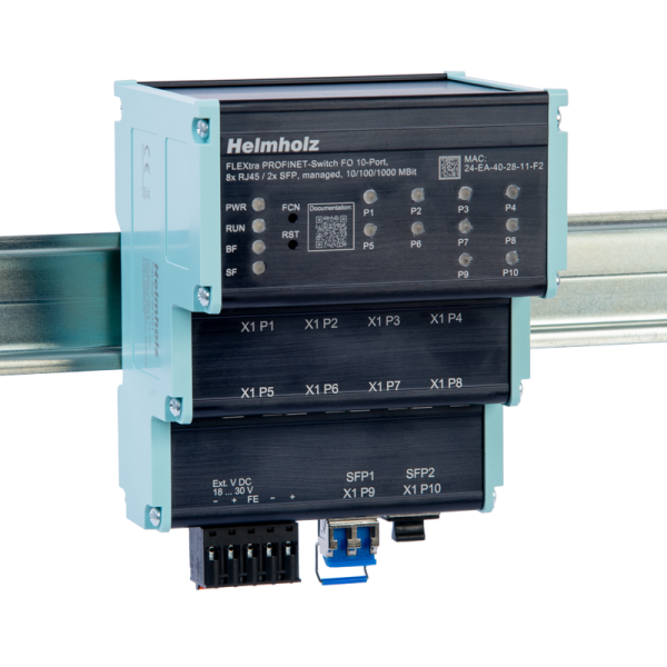 [700-856-8FO21] Helmholz FLEXtra PROFINET-Switch FO 10-port 8* RJ45 / 2x SFP/SFP+ managed 10/100/1000 MBit for din-rail