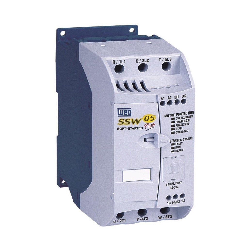 WEG Electric SSW05 series compact soft starter, 45A, 220-460 VAC at 3-phase, Trip Class 5, rated for 4 start/hour.