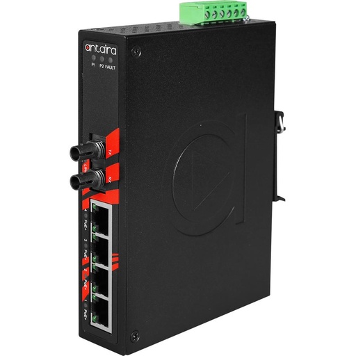 [LNP-0501-ST-S3-T] Antaira 5-Port PoE  Unmanaged Ethernet Switch With Fiber Optics Single-Mode ST Connector EOT: -40° ~ 75°C