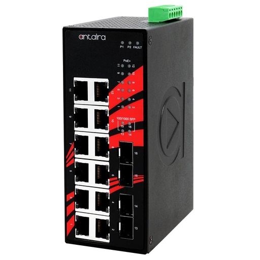 [LNP-1604G-SFP] Antaira 16-Port Industrial PoE  Gigabit Unmanaged Ethernet Switch with SFP Slots