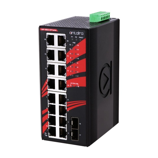 [LNP-1802G-SFP] Antaira 18-Port Industrial PoE  Gigabit Unmanaged Ethernet Switch SFP Slots 48~55VDC