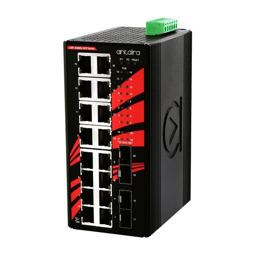[LNP-2004G-SFP] Antaira 20-Port Industrial PoE  Gigabit Unmanaged Ethernet Switch with SFP Slots