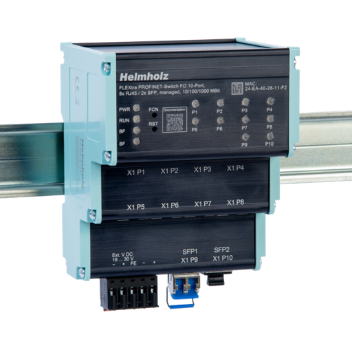 [700-856-8FO21] Helmholz FLEXtra PROFINET-Switch FO 10-port 8* RJ45 / 2x SFP/SFP+ managed 10/100/1000 MBit for din-rail